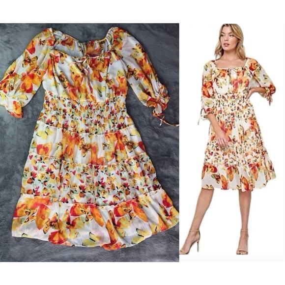Fig & Flower Anthropologie Floral Chiffon Dress Size 2X 3/4 Sleeve Midi Flirty - Picture 1 of 11